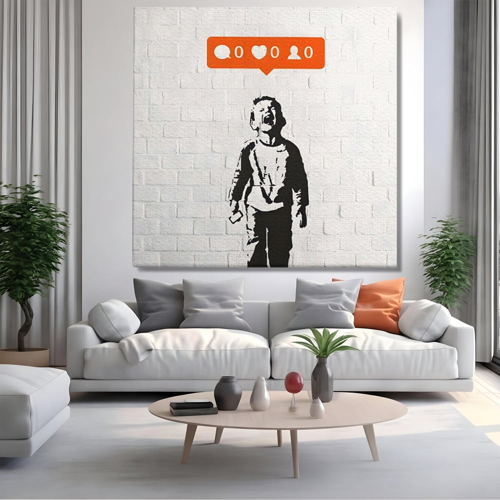 Tablou canvas cu tablou canvas cu copil strigand si notificari, fara rama, pe sasiu de lemn, pe perete intr-un living
